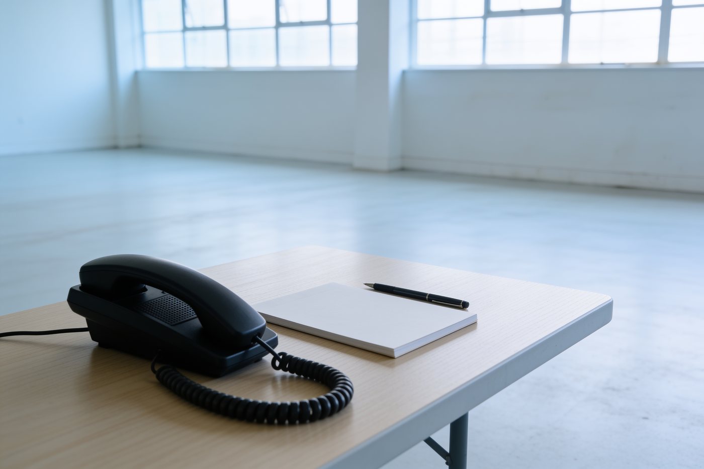 Telefonhörer und Notizblock auf einem hellen Tisch am Fenster