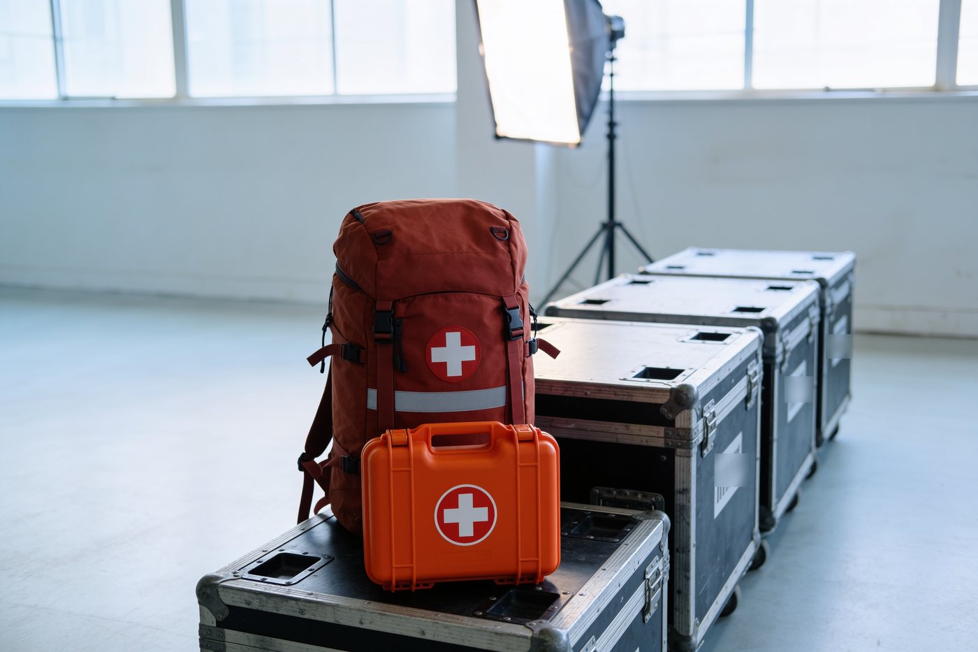 Notfallrucksack und Erste-Hilfe-Koffer auf einer Transportkiste in einer hellen Produktionshalle