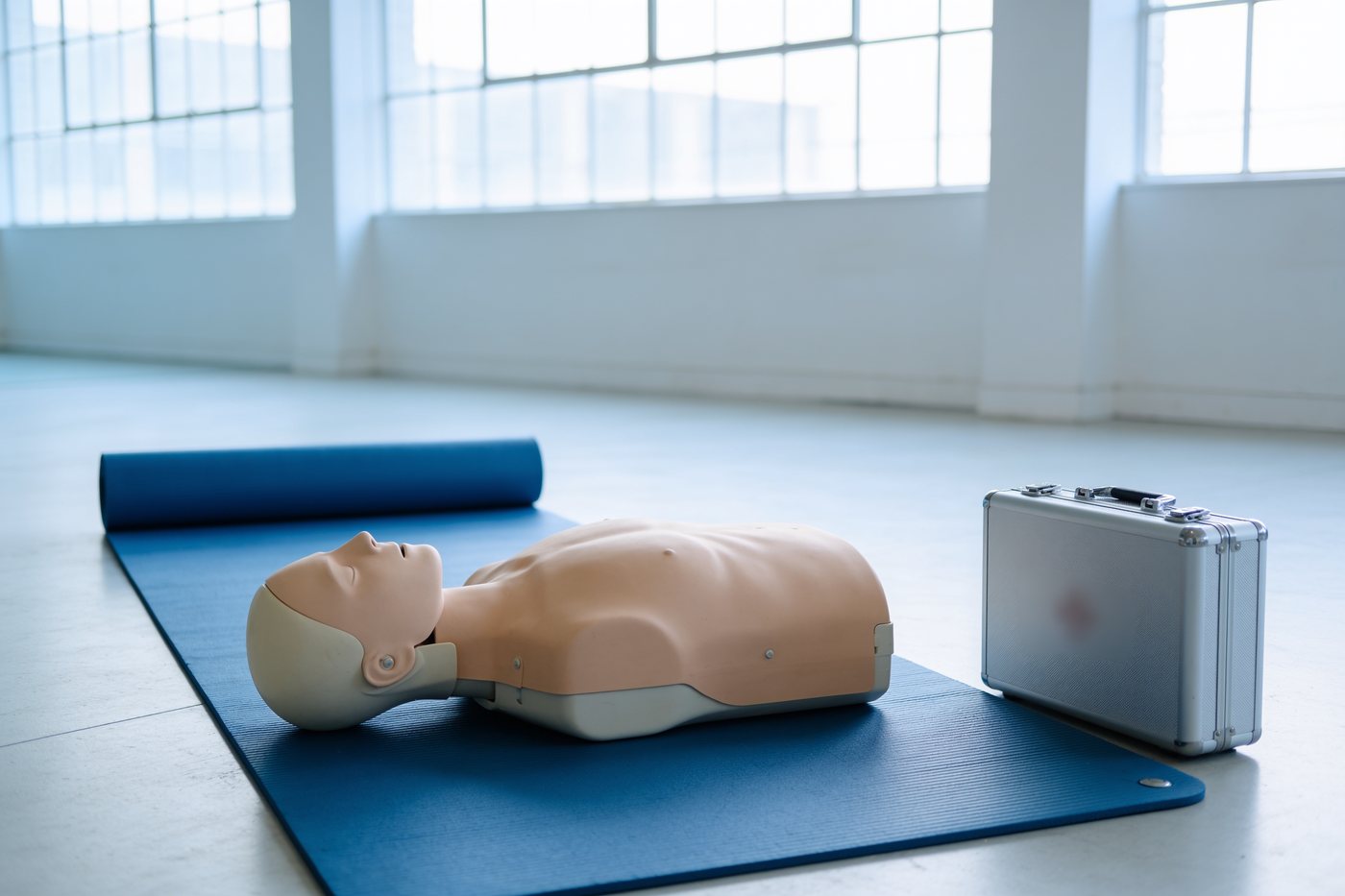 Trainingsmatte mit Übungspuppe und Erste-Hilfe-Koffer in einem hellen Schulungsraum