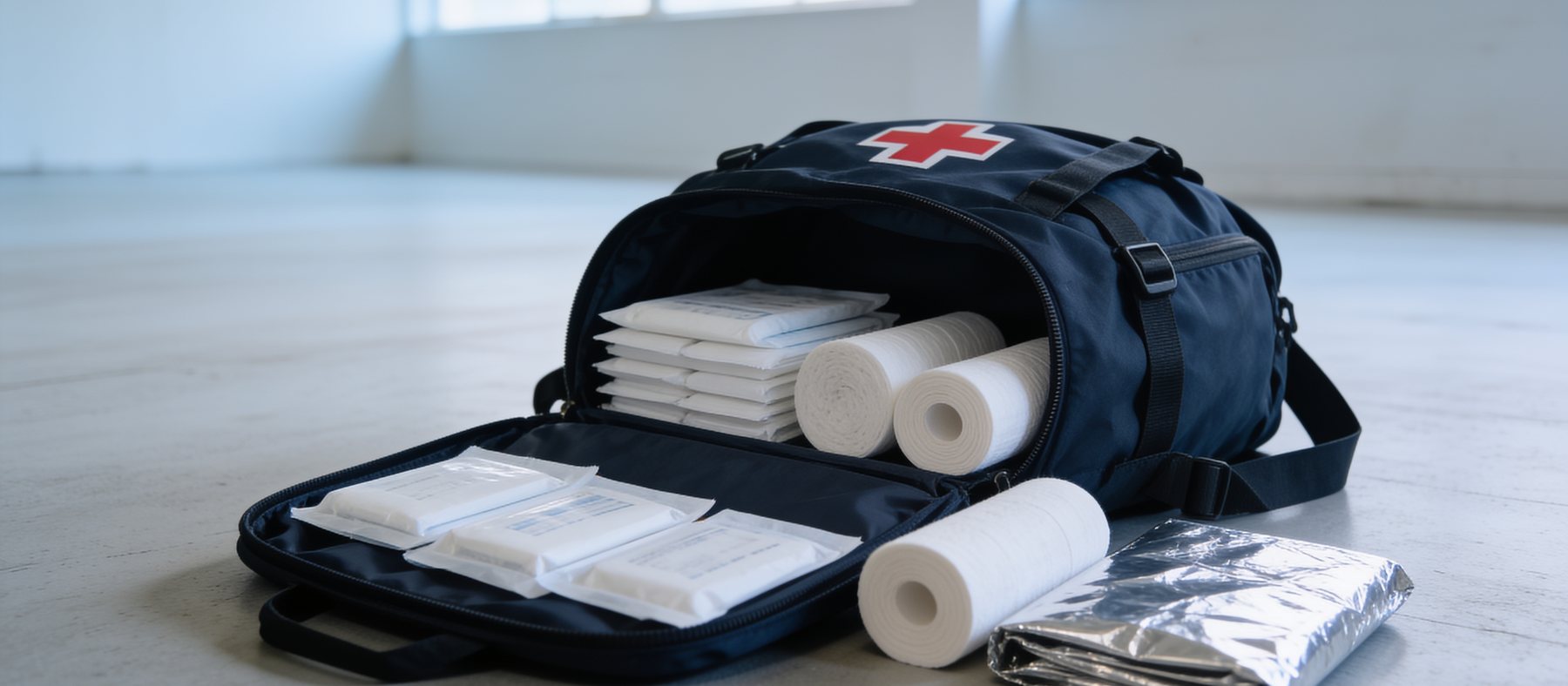 Geöffneter Erste-Hilfe-Rucksack mit sortiertem Verbandmaterial und Rettungsdecke