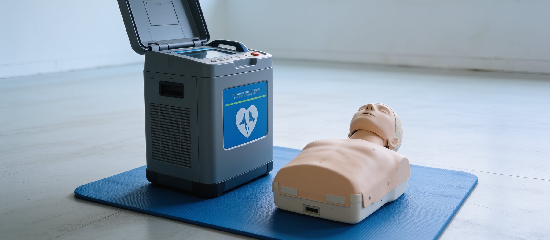 Übungsdefibrillator und Reanimationspuppe auf einer Trainingsmatte in einem hellen Schulungsraum